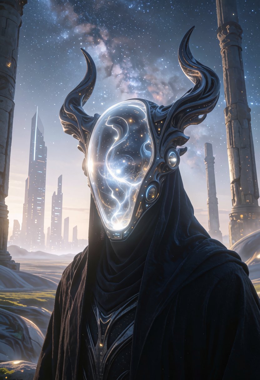 Cinematic,  futuristic scene featuring a close-up portrait of a mysterious figure wearing a dark,  flowing robe. The figur...