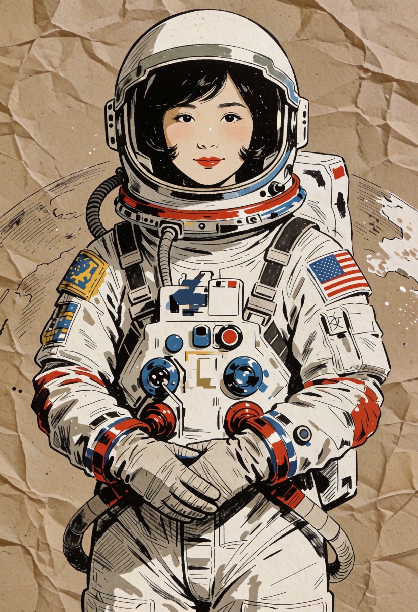 illustration of beautiful Japanese woman 1960s Astronaut in style of ink sketch on construction paper. ((intricate paper t...