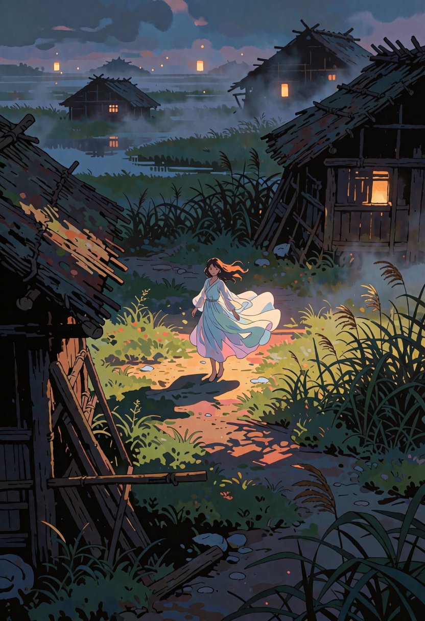 anime style,  2d,  An atmospheric anime of a beautiful woman wearing etheral dresss by riiwa on Tensor.Art