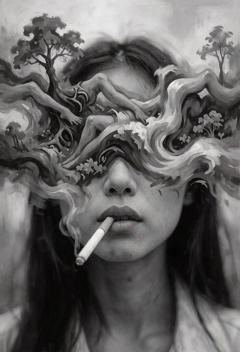 A surreal artwork showing a asian woman face with a cigarette in their mouth. upper face is obscured by what looks like a...
