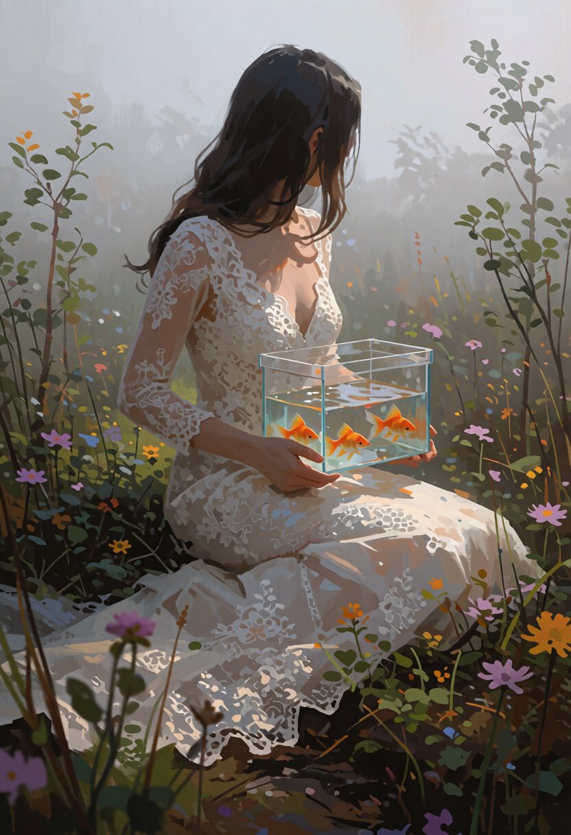 digital paint of a person sitting in lace wedding dress and holdint a tank with gold fish in a natural setting,  likely a...