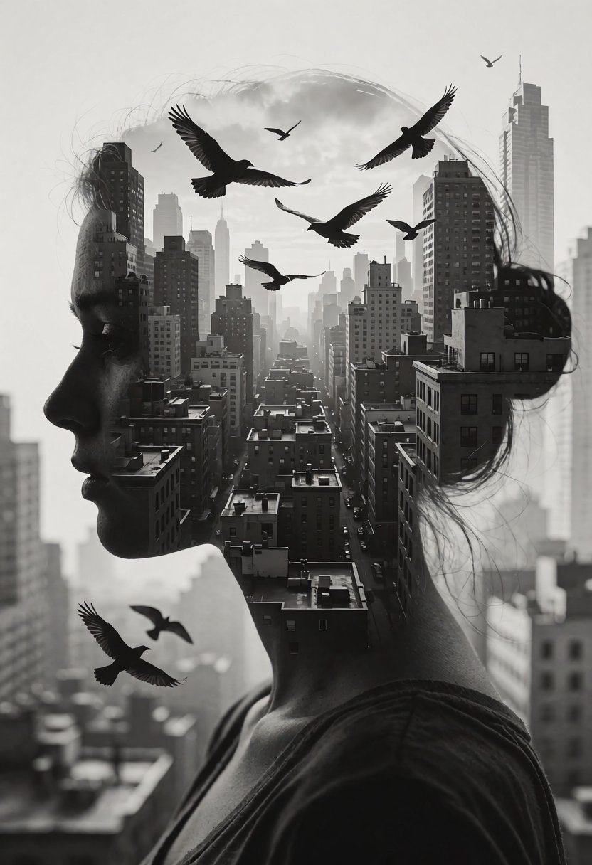 silhouette of a woman head,  within which there appears to be a cityscape with buildings. (birds FLY BETWEEN BUILDINGS,  I...
