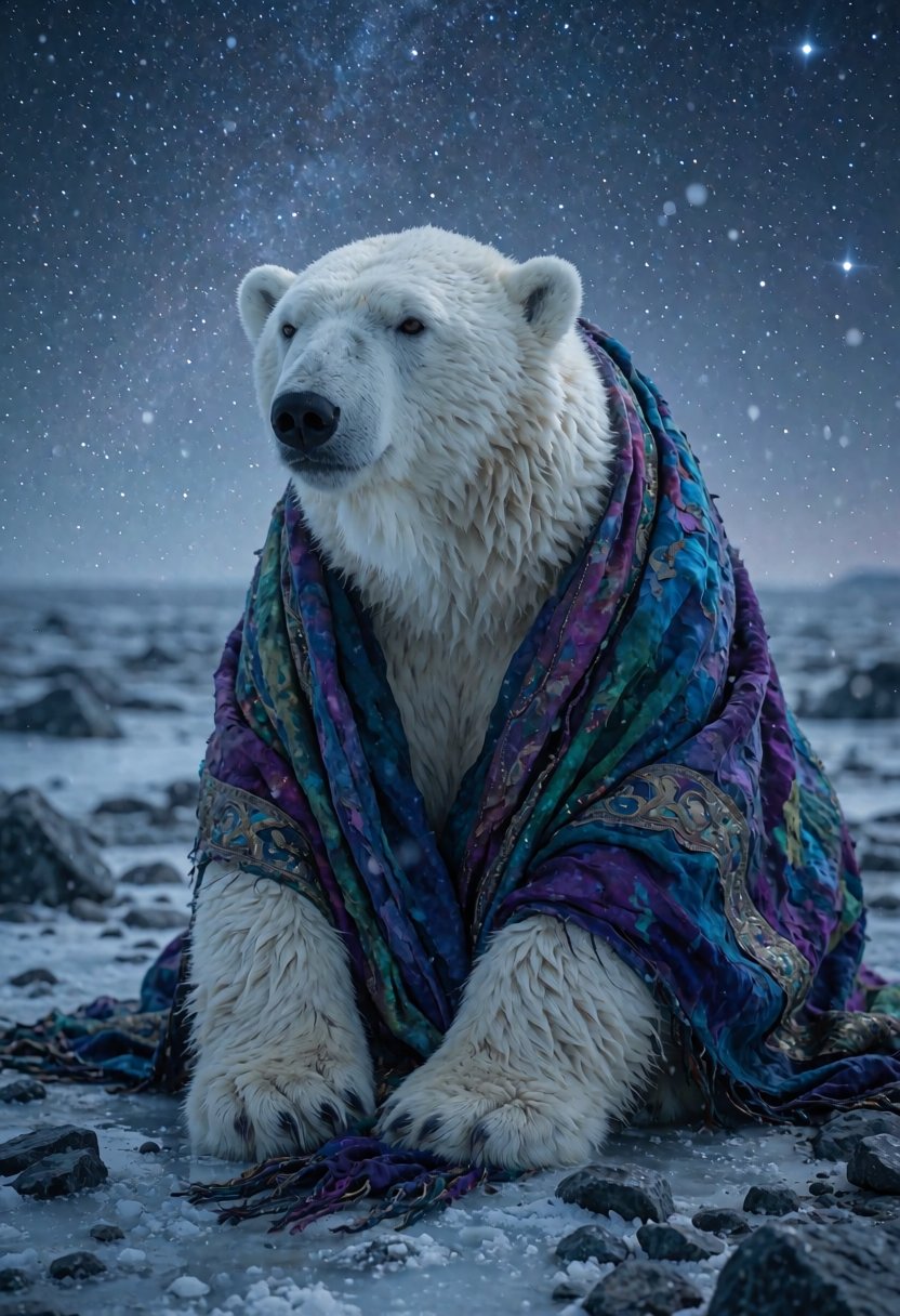 In this captivating realistic shot,  an anthropomorphic polar bear dressed in a richly textured,  jewel-toned shawl sits c...