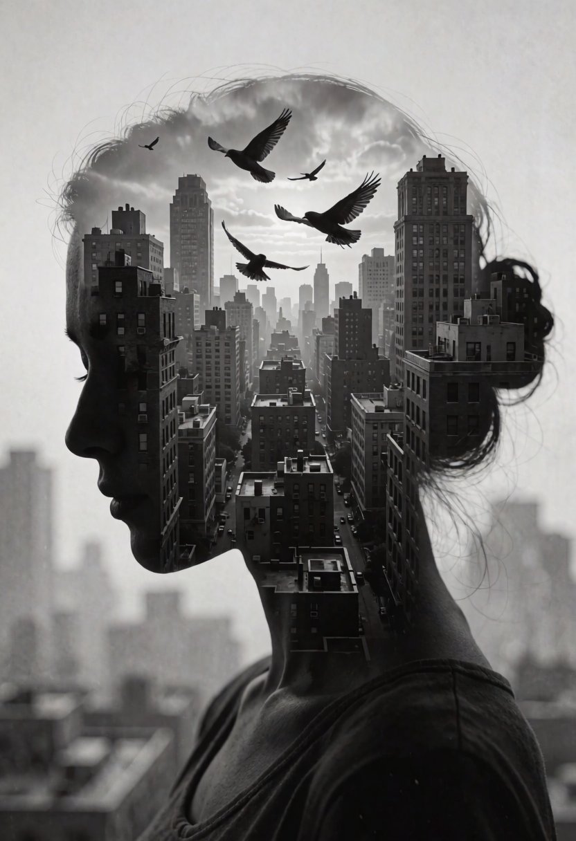silhouette of a woman head,  within which there appears to be a cityscape with buildings. (birds FLY BETWEEN BUILDINGS,  I...
