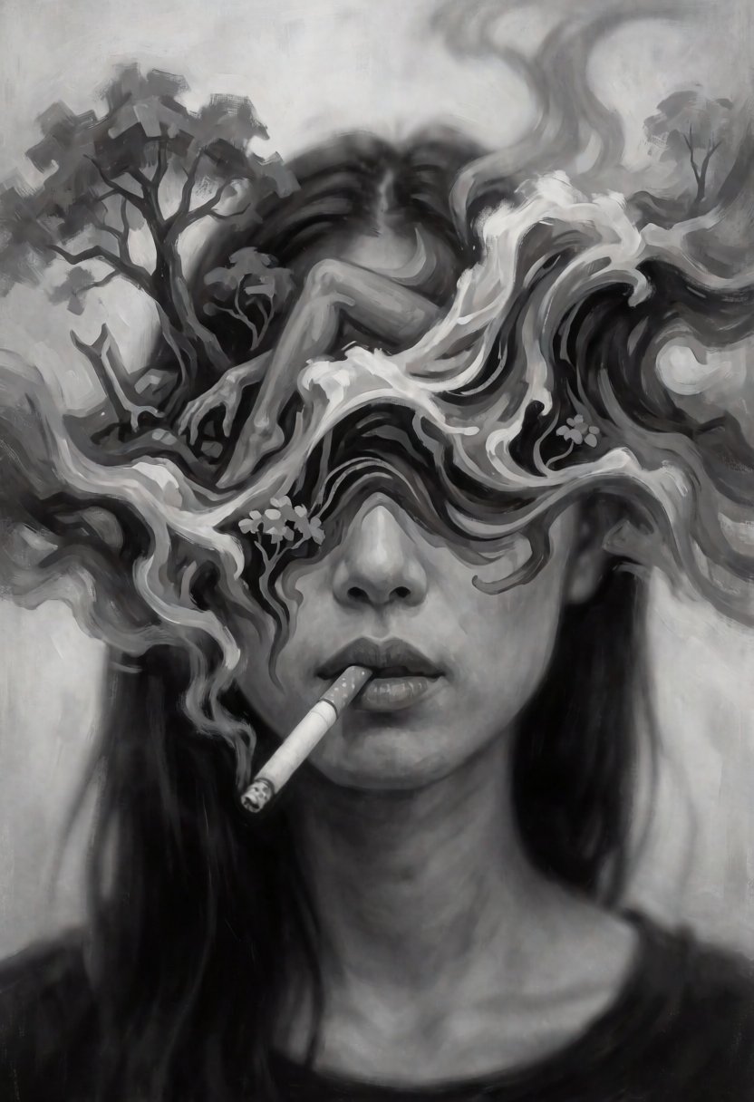 A surreal artwork showing a asian woman face with a cigarette in their mouth. upper face is obscured by what looks like a...