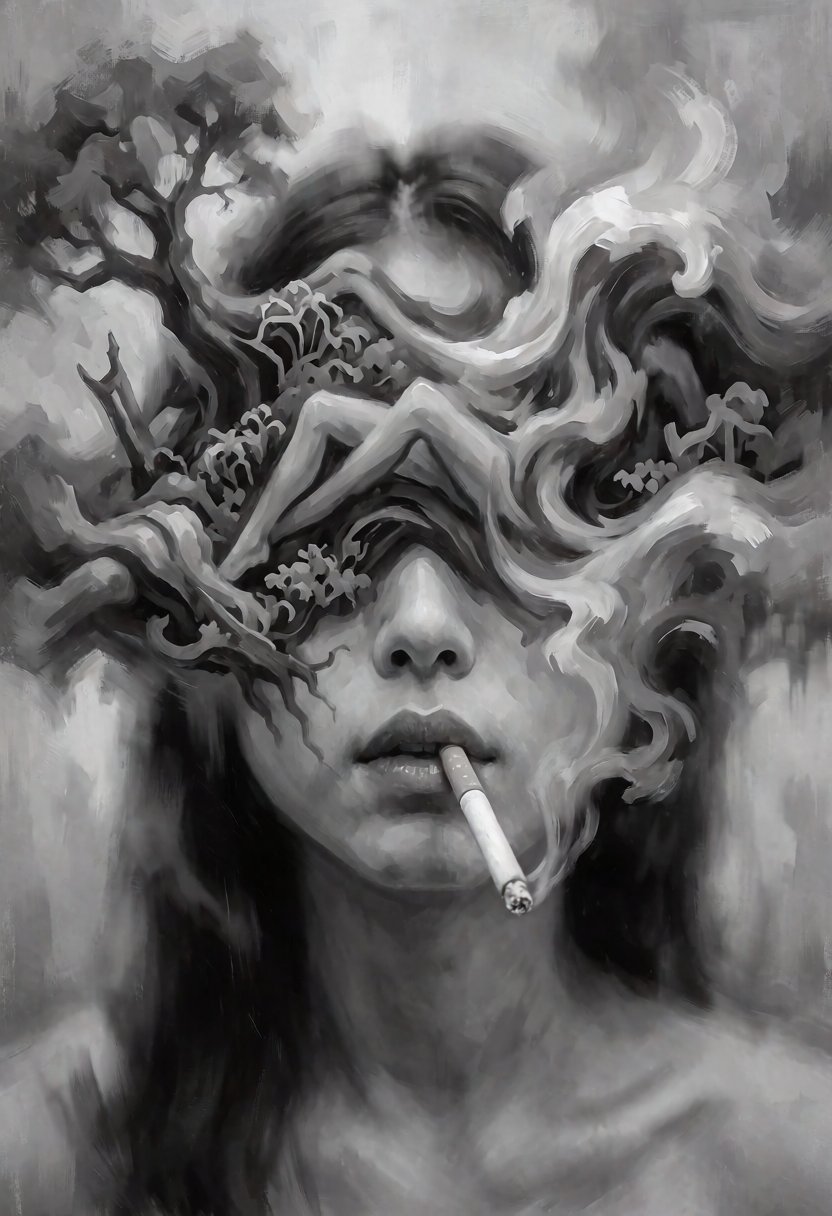 A surreal artwork showing a asian woman face with a cigarette in their mouth. upper face is obscured by what looks like a...