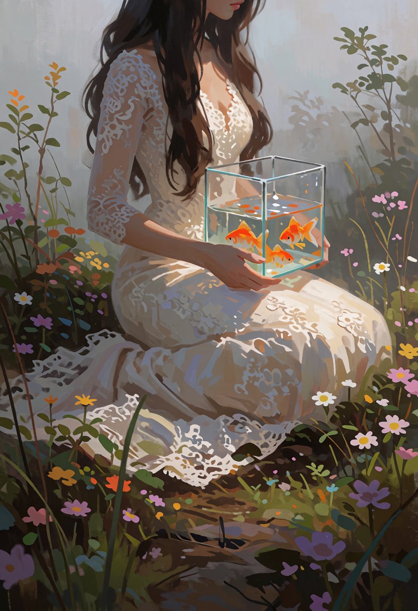 digital paint of a person sitting in lace wedding dress and holdint a tank with gold fish in a natural setting,  likely a...