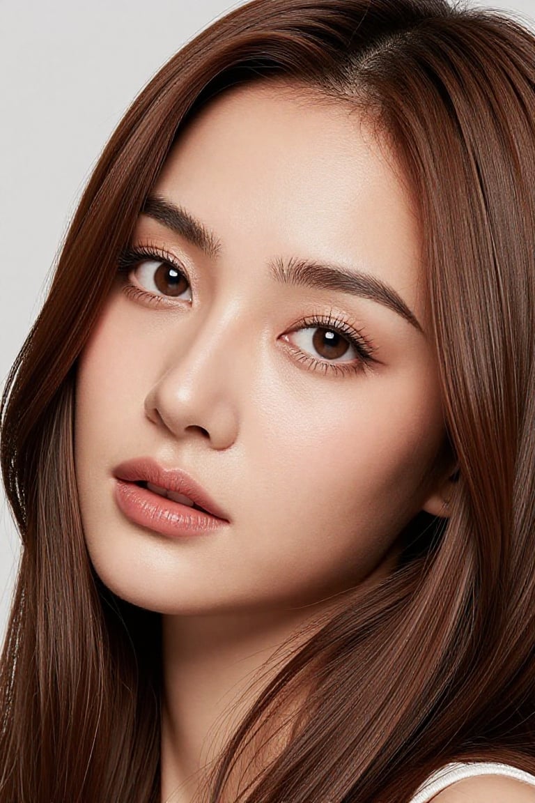 Create a realistic 8K photograph of a solo 1girl looking directly at the viewer. The simple background should not distract...