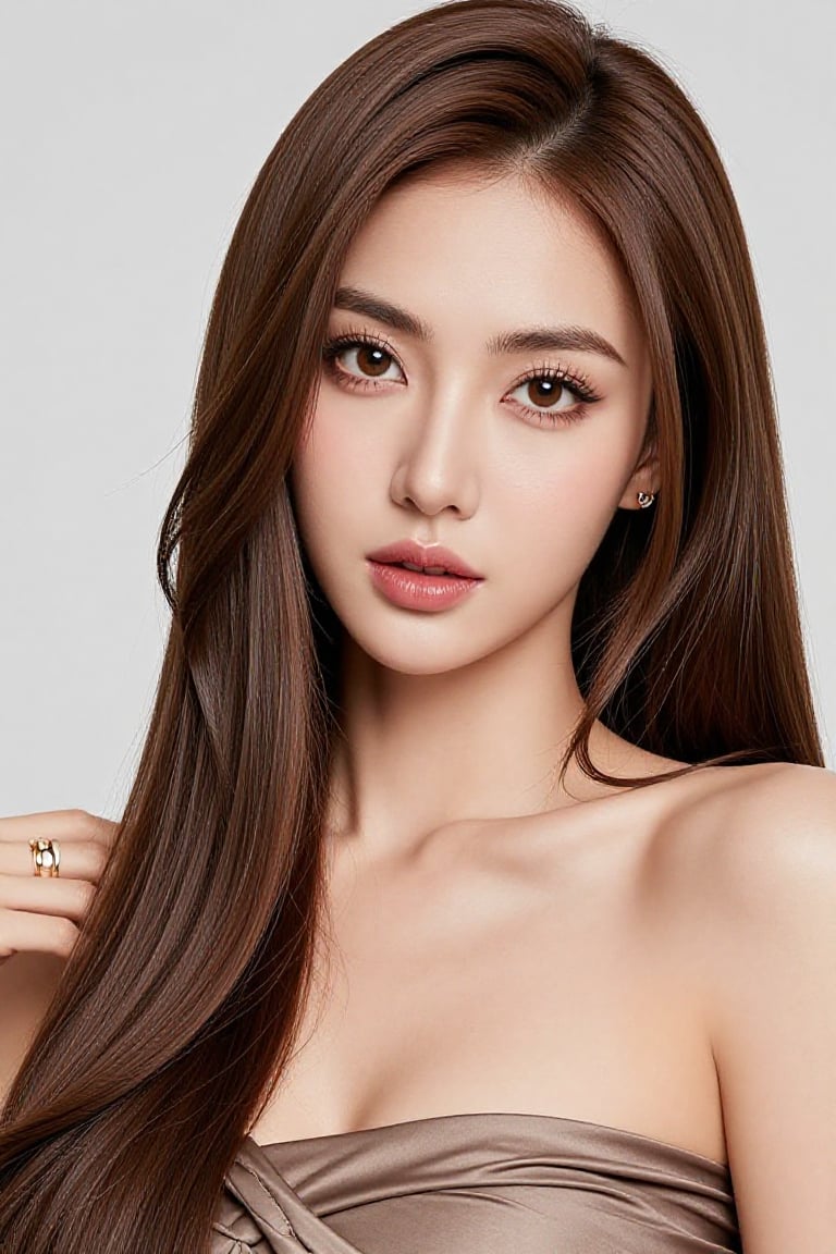 Create a realistic 8K photograph of a solo 1girl with long brown hair,  bare shoulders,  and a strapless dress. She is loo...