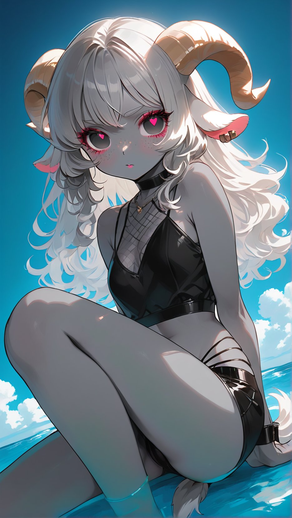 darkish gray skin covered in neon-pink freckles,  ultra-freckled complexion. Small gray skin goat ears,  small gray goat t...