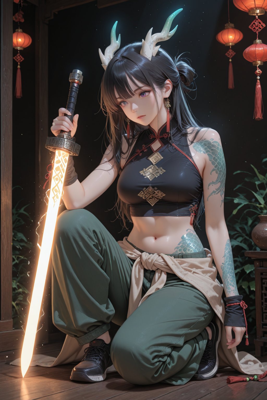 A female character,  dressed in a uniquely styled outfit full of Chinese elements: she wears a short,  printed crop top th...