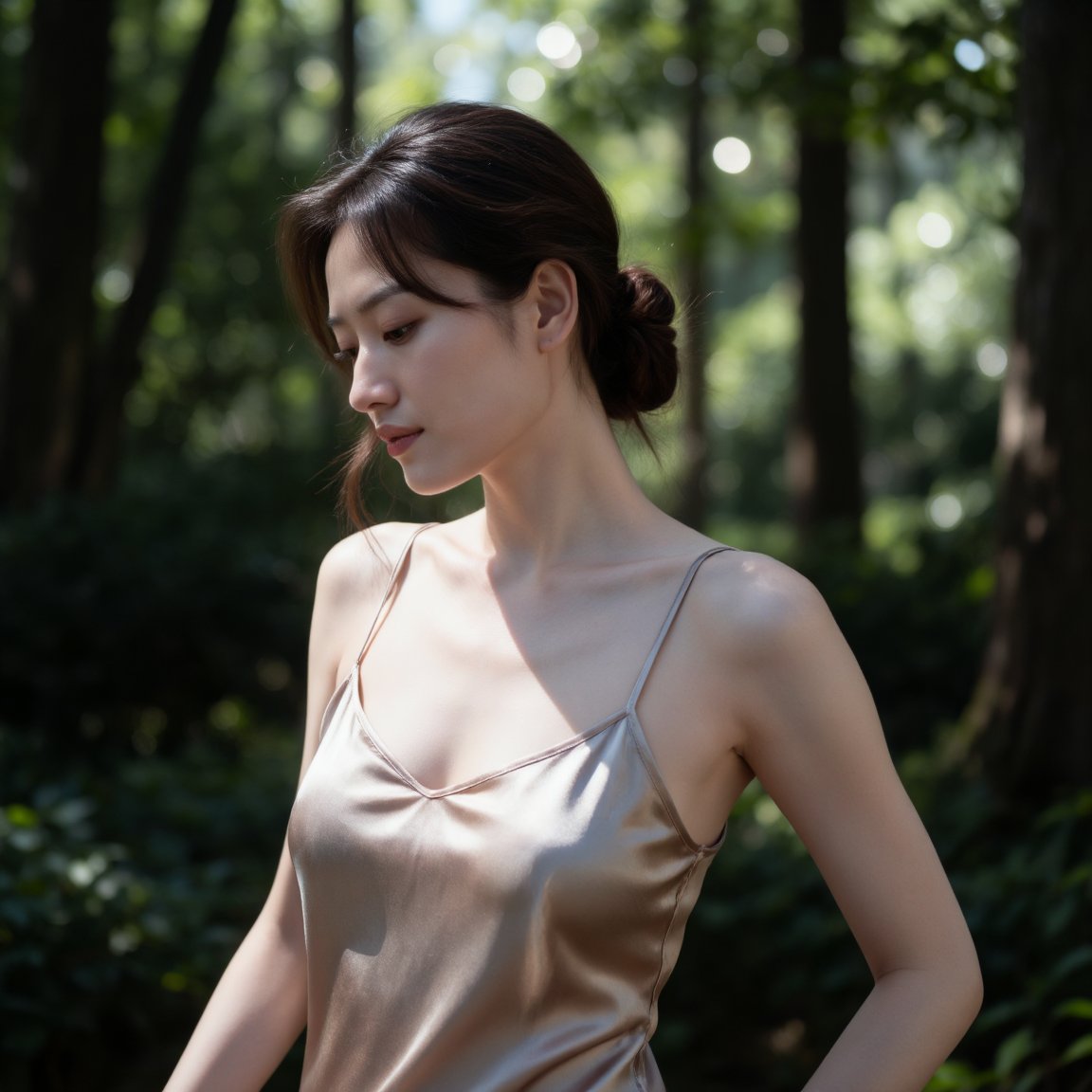 采用高级写实摄影手法。背景为虚化茂密树林,  柔和阳光光斑,  自然有层次。女子梳优雅低盘发 by 闺蜜 on Tensor.Art