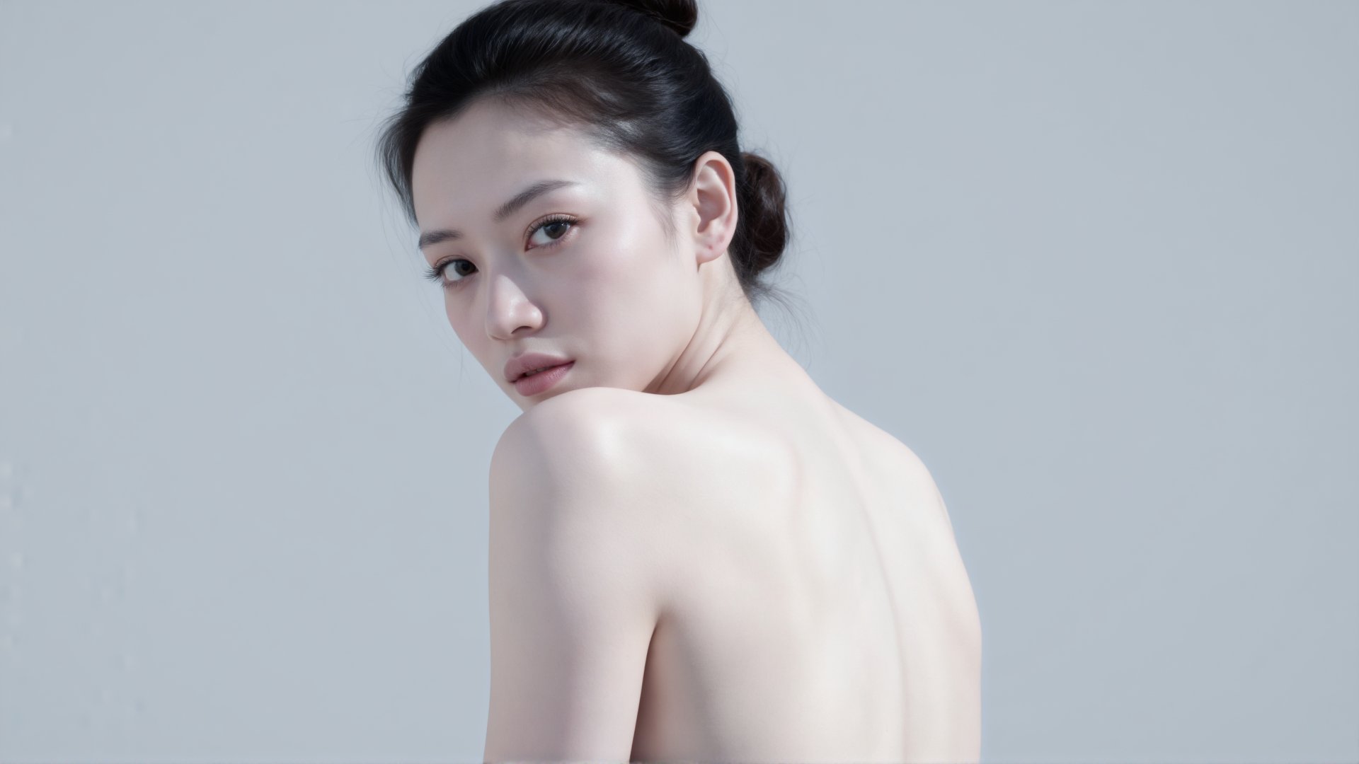 画面为中近景后景镜头,  一位年轻女子梳着利落高丸子头,  转头直视镜头 by 闺蜜 on Tensor.Art