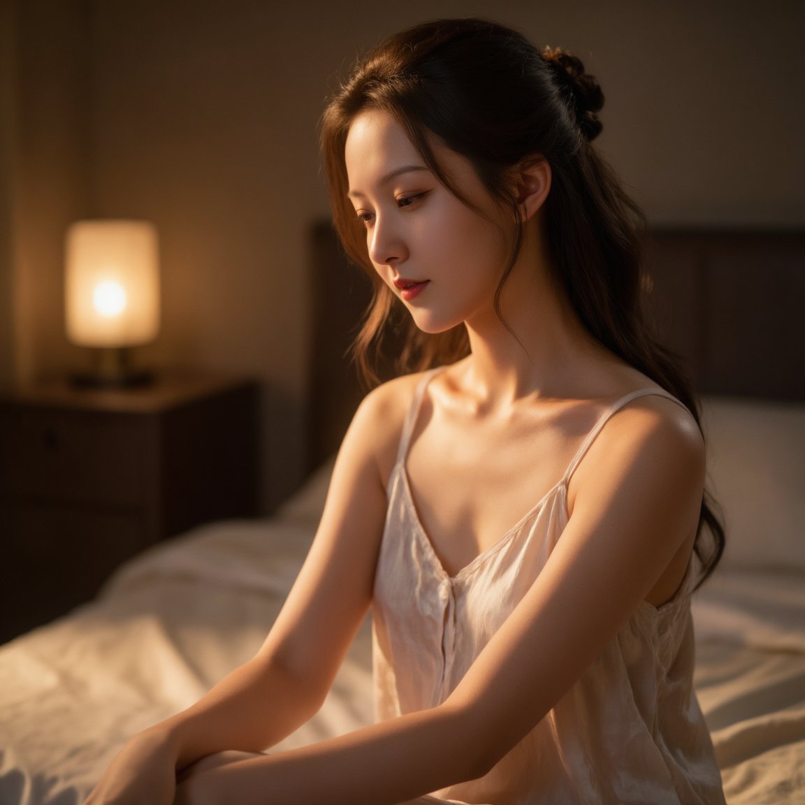 采用高级写实摄影手法。背景为虚化床边场景,  暖调夜灯,  静谧治愈。女子梳精致半扎发 by 闺蜜 on Tensor.Art