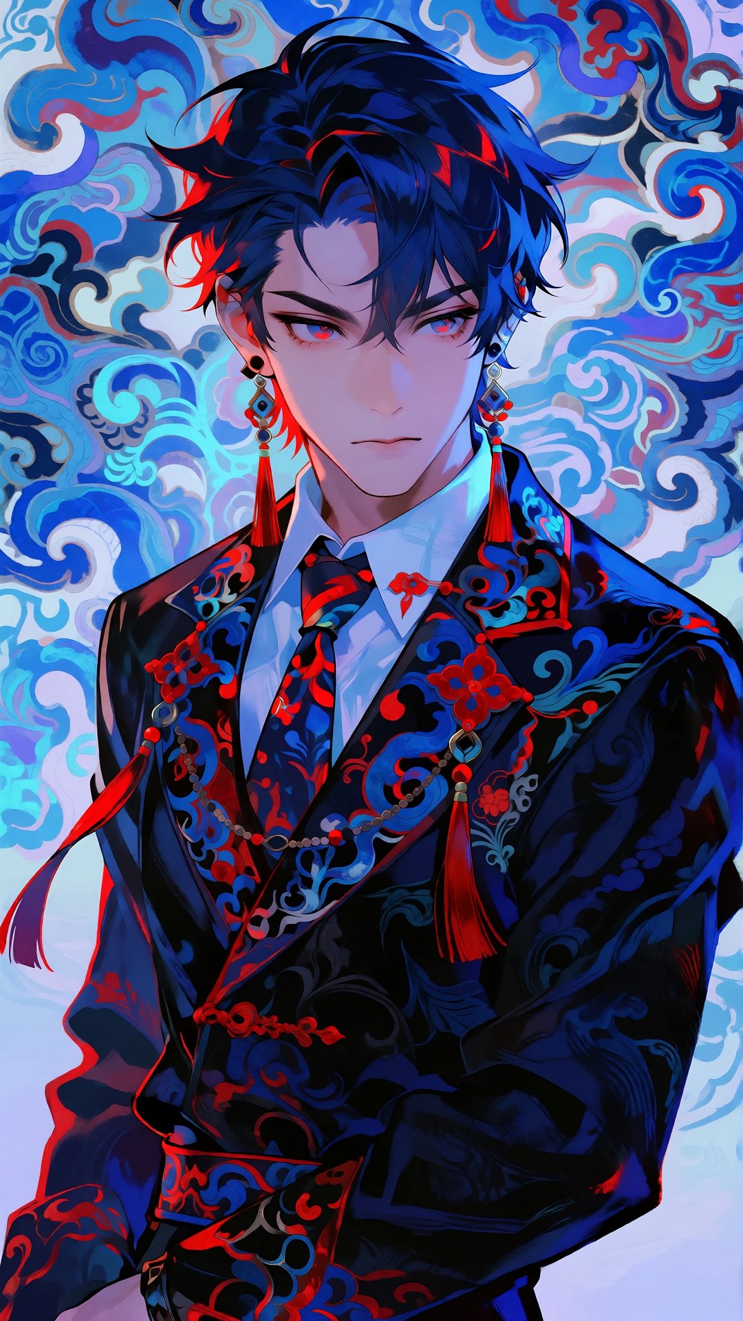 this is a digital illustration in an anime style,  depicting a young man with a serious expression,  he has short by Izmys...