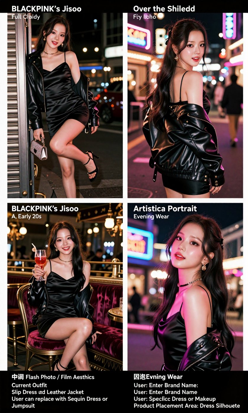 A Real-Life Photo of the Korean Beauty,  BLACKPINK's Jisoo {"Scene Description":"A fashion lifestyle collage consisting of...