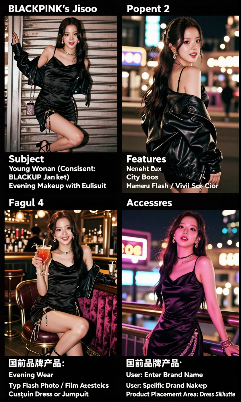 A Real-Life Photo of the Korean Beauty,  BLACKPINK's Jisoo {"Scene Description":"A fashion lifestyle collage consisting of...