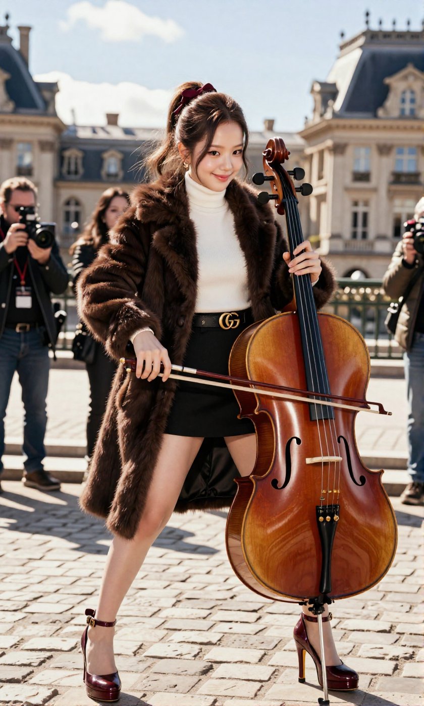 A Real-Life Photo of the Korean Beauty,  BLACKPINK's Jisoo Standing in a Parisian courtyard in a confident pose,  this is...