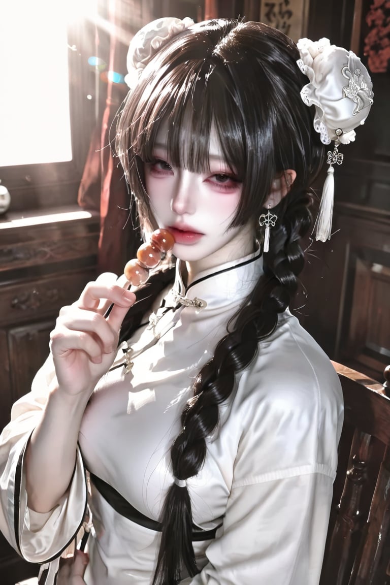 Dressed in a black and white Chinese outfit,  in a Chinese-style setting,  holding sugar-coated candies in her hand by 𝗠�...