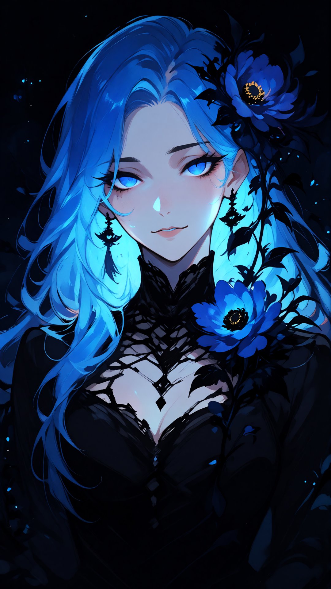 this digital anime-style illustration features a young woman with long,  flowing blue hair that transitions from dark blue...