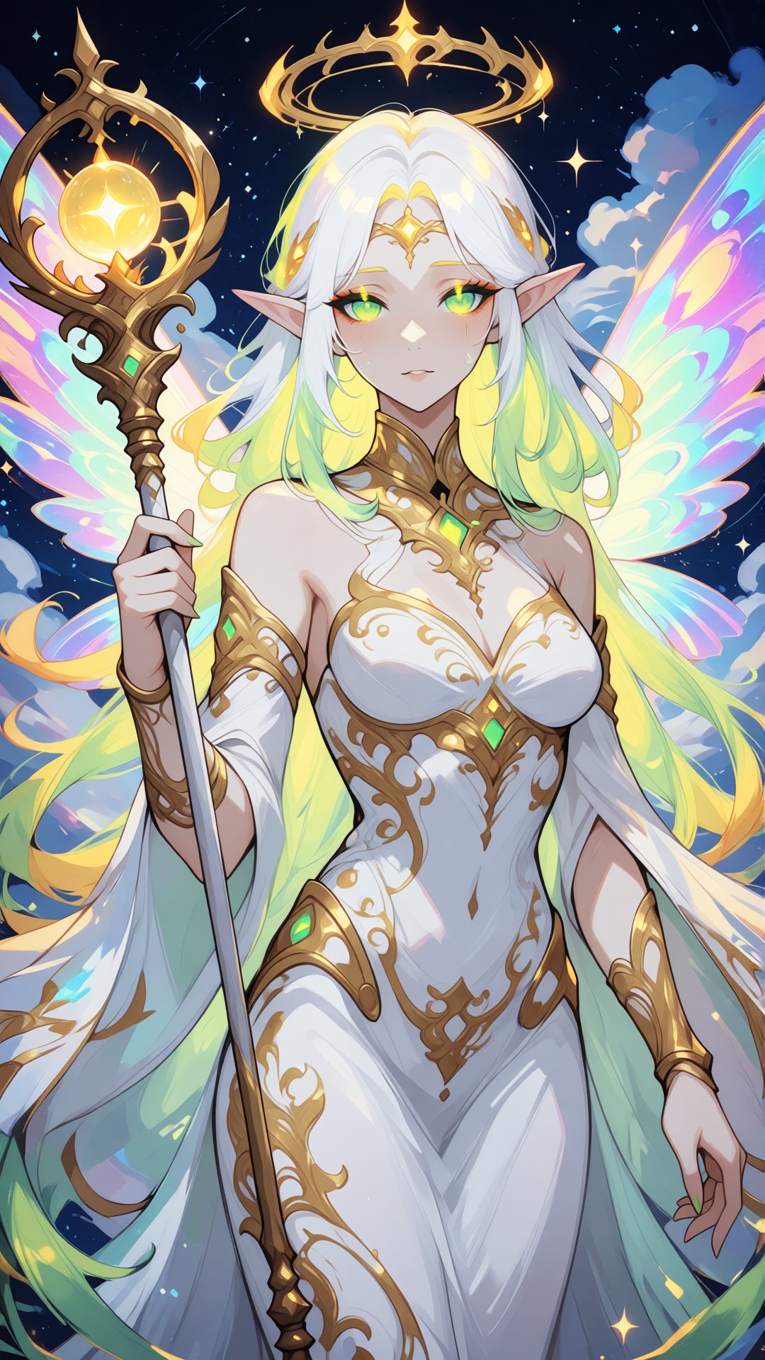 this is a highly detailed digital illustration in an anime style,  depicting a celestial,  angelic female figure with a fa...