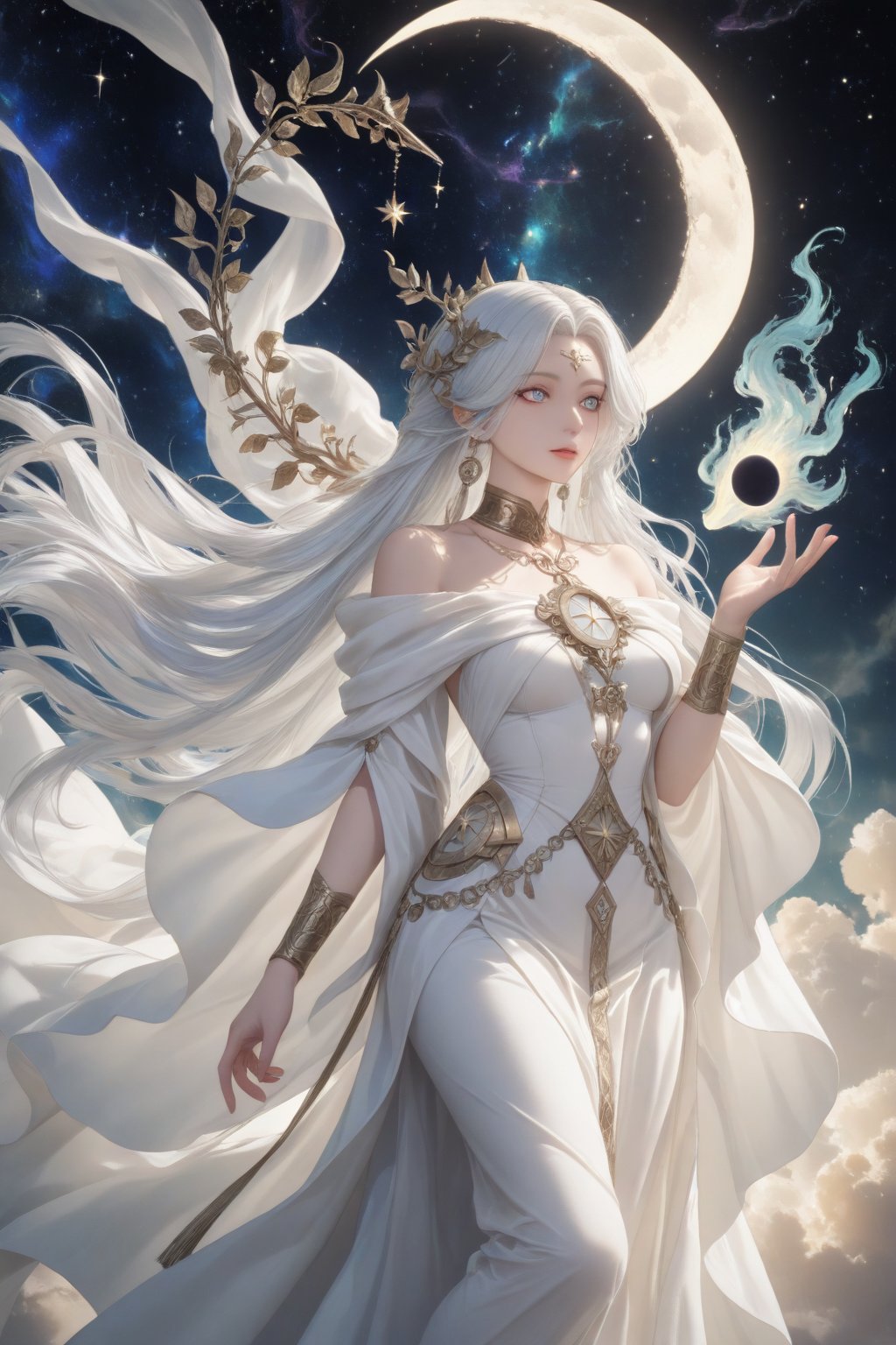 This image portrays an ethereal,  celestial figure seated gracefully on a crescent moon amidst a starry night sky. The cha...