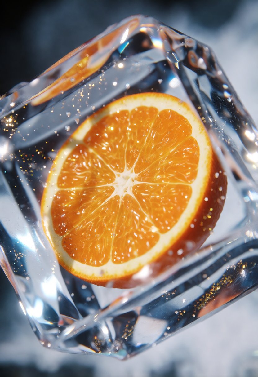 3D render,  realistic,  shining orange slice inside faceted ice cube by riiwa on Tensor.Art