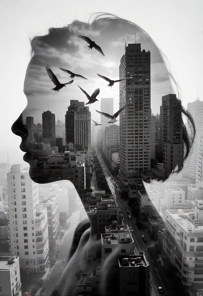 silhouette of a woman head,  within which there appears to be a cityscape with buildings. (birds FLY BETWEEN BUILDINGS,  I...