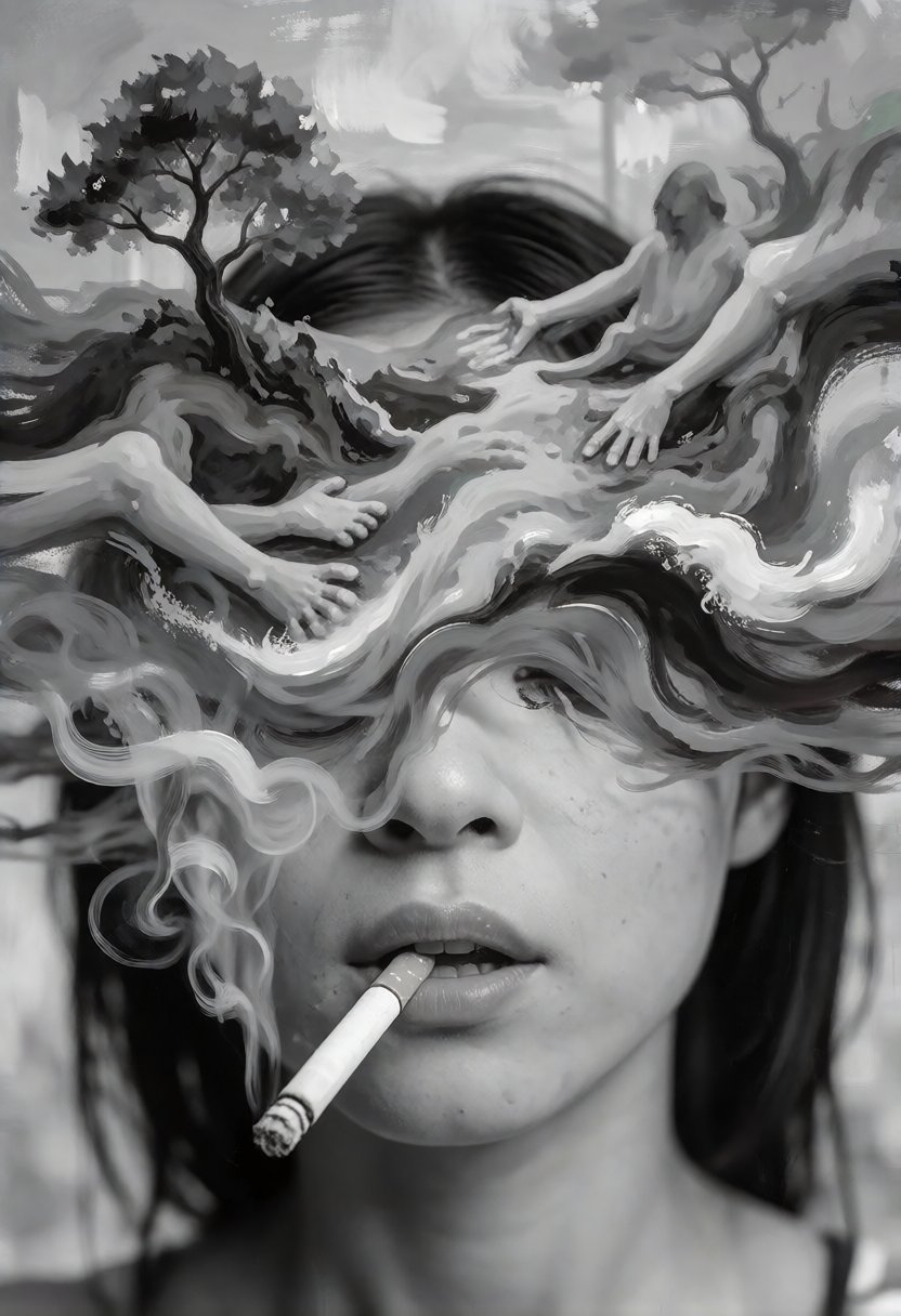 A surreal artwork showing a asian woman face with a cigarette in their mouth. upper face is obscured by what looks like a...