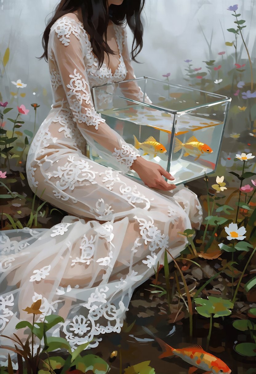 digital paint of a person sitting in lace wedding dress and holdint a tank with gold fish in a natural setting,  likely a...
