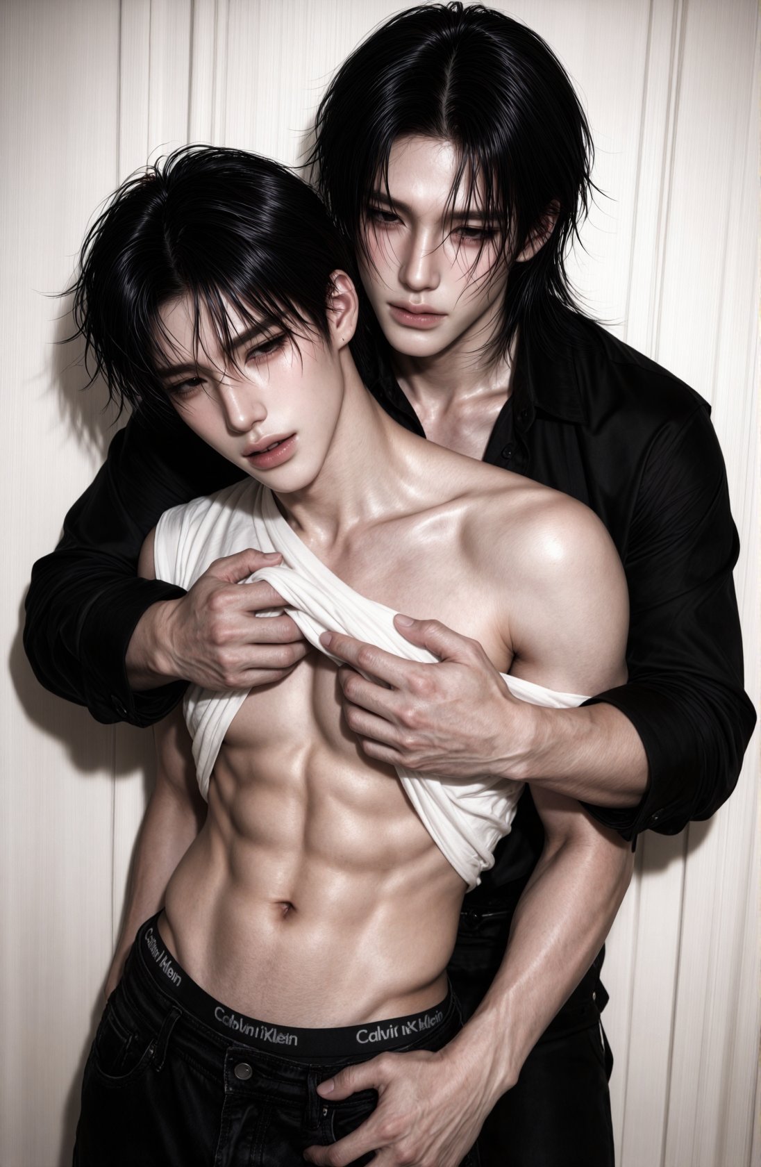cinematic studio portrait of two attractive young Asian men,  intimate dynamic pose Man in front: leaning back against the...
