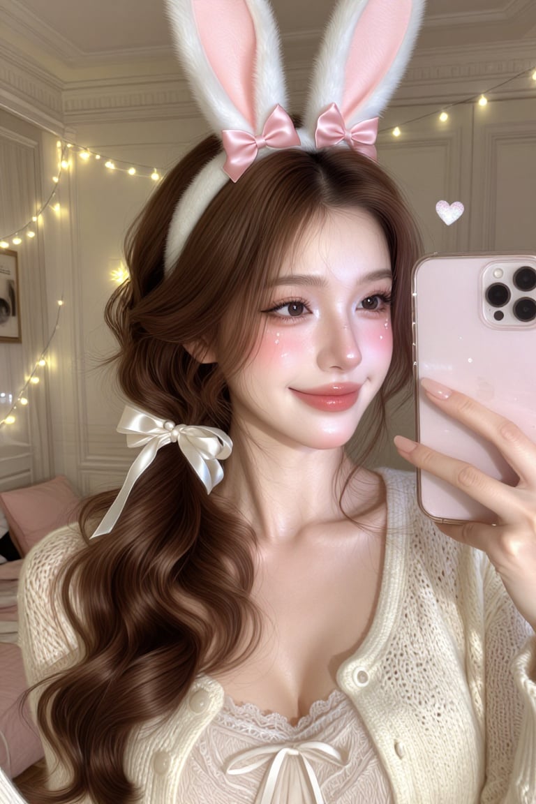 Semi-close up selfie of a young woman with refined coquette dollette features,  warm brown wavy hair with a pearl-trimmed...