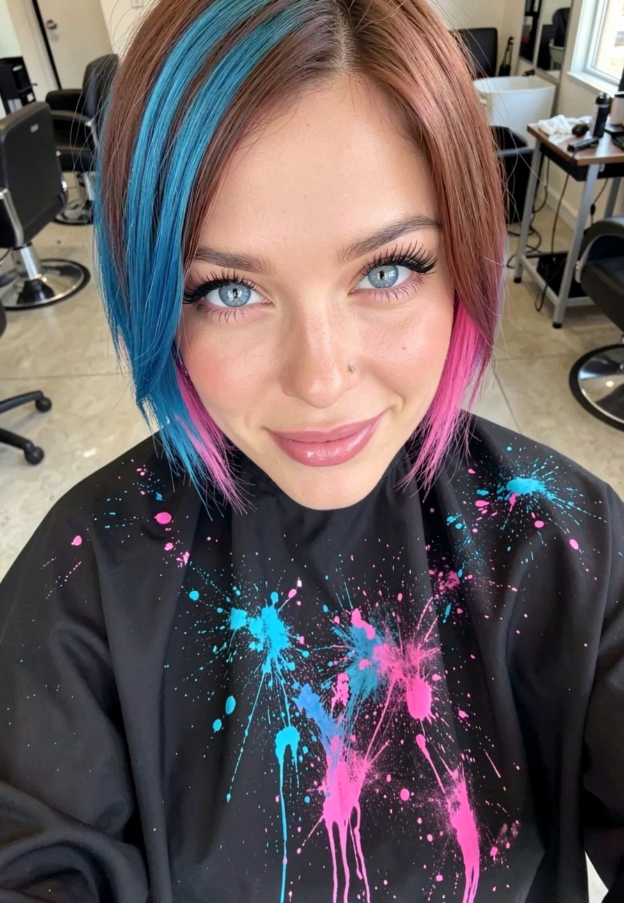 A close-up selfie taken with the front camera. A woman with short,  chestnut-colored hair with vibrant blue and pink highl...