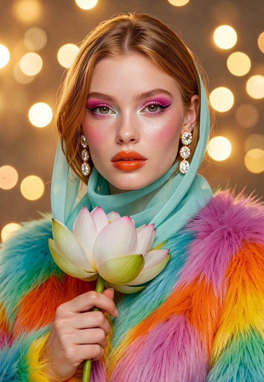 A portrait masterpiece: A fashion photoshoot featuring a model with honey-colored hair,  soft pink cheeks,  and orange lip...