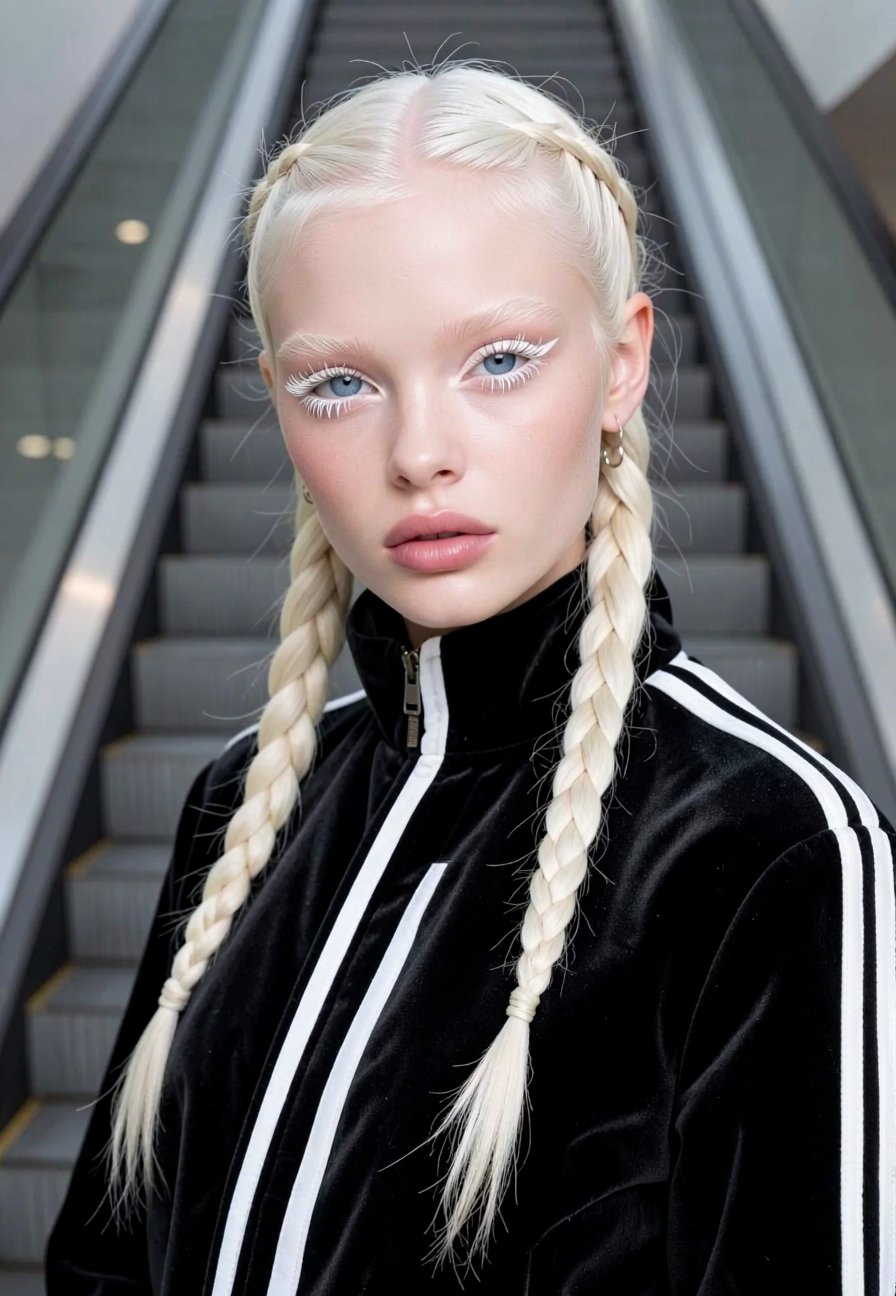 A close-up of a stunningly beautiful albino model wearing a black velvet racing-style jacket with white stripes. She has p...