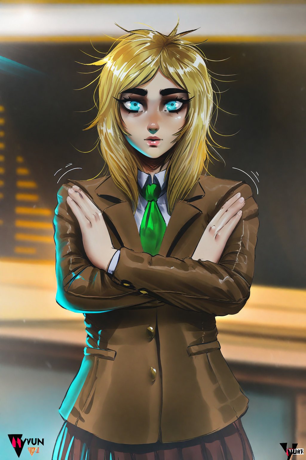 (NyuunziArt),  depth of field,  1girl with blonde hair and blue eyes in a cute solo pose by MasteRaccoonMan on Tensor.Art