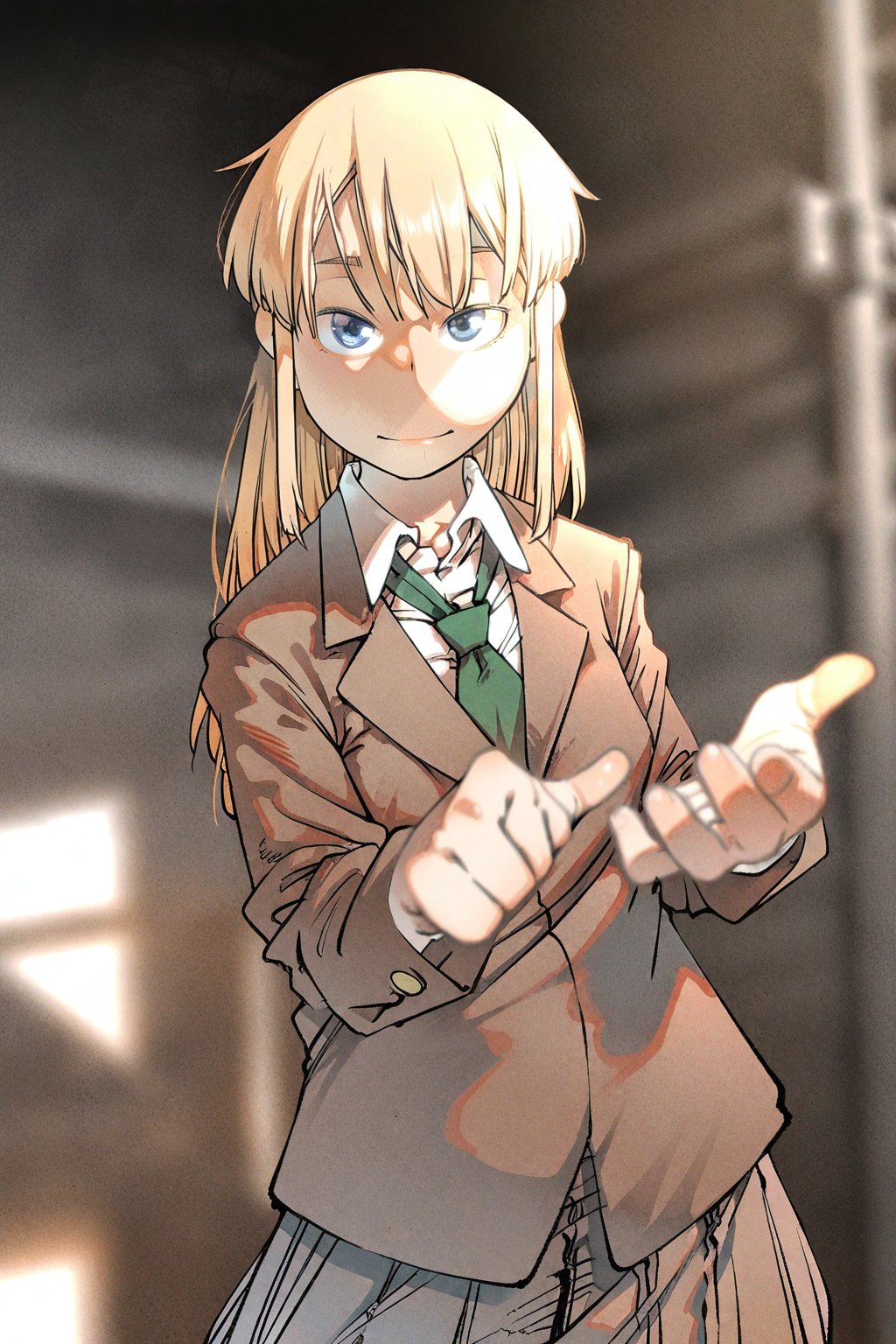 (ShimimaruArt),  depth of field,  1girl with blonde hair and blue eyes in a cute solo pose by MasteRaccoonMan on Tensor.Art