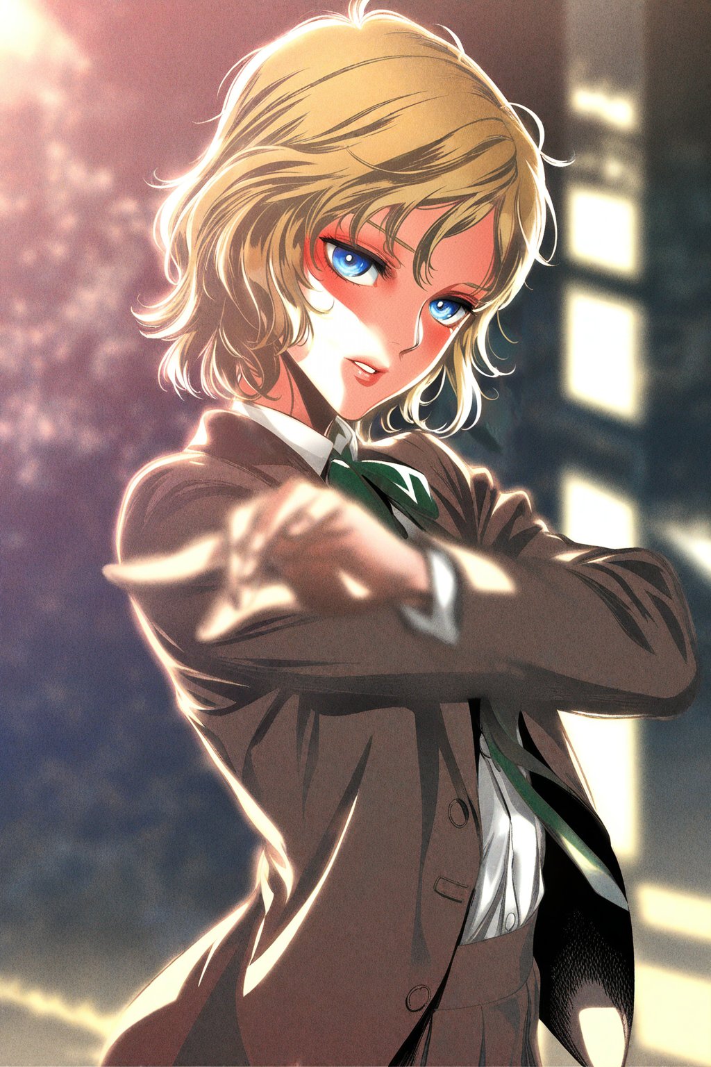 (IkuNoFetiArt),  depth of field,  1girl with blonde hair and blue eyes in a cute solo pose by MasteRaccoonMan on Tensor.Art