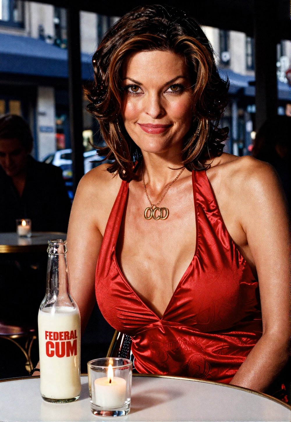 A woman with MEDIUM STRAIGHT BROWN hair,  who sits at a café table,  gazing pleasantly at the camera with a cheerful emoti...