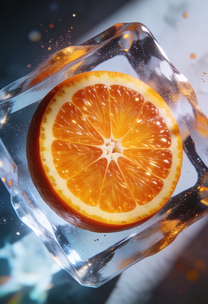3D render,  realistic,  shining orange slice inside faceted ice cube by riiwa on Tensor.Art