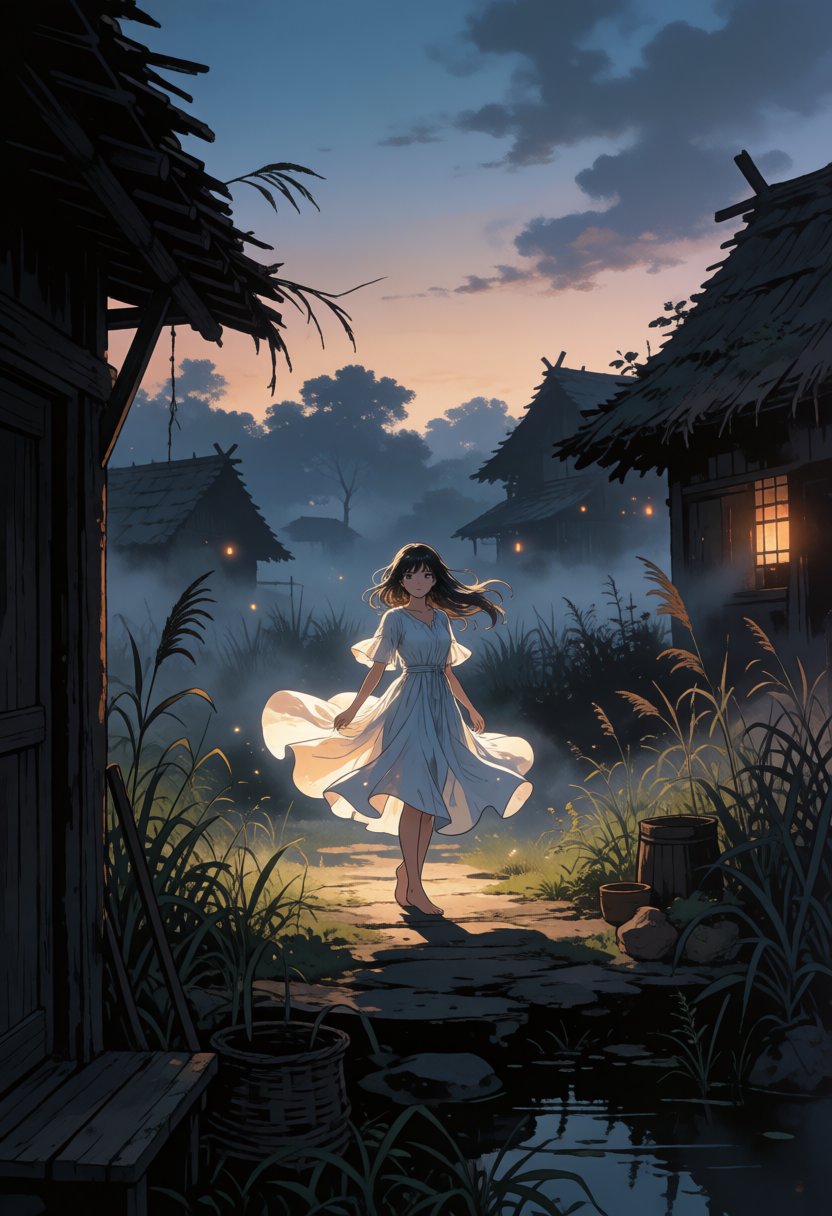 anime style,  2d,  An atmospheric anime of a beautiful woman wearing etheral dresss by riiwa on Tensor.Art