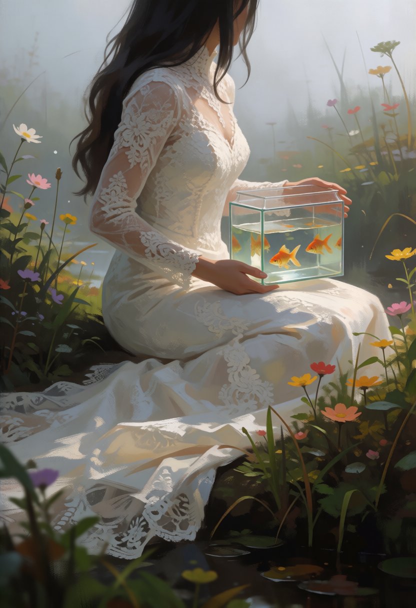 digital paint of a person sitting in lace wedding dress and holdint a tank with gold fish in a natural setting,  likely a...