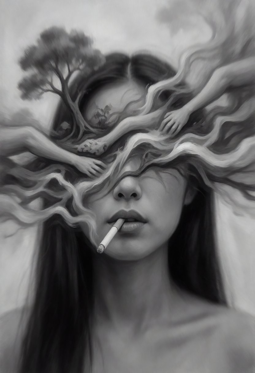 A surreal artwork showing a asian woman face with a cigarette in their mouth. upper face is obscured by what looks like a...