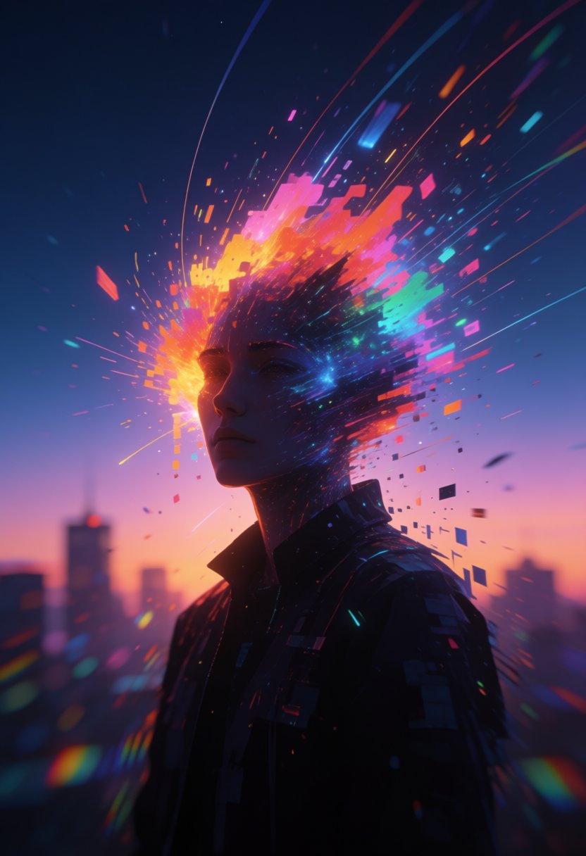 A surreal and glitch-inspired depiction of a figure with their head dissolving into a vibrant explosion of colorful light...