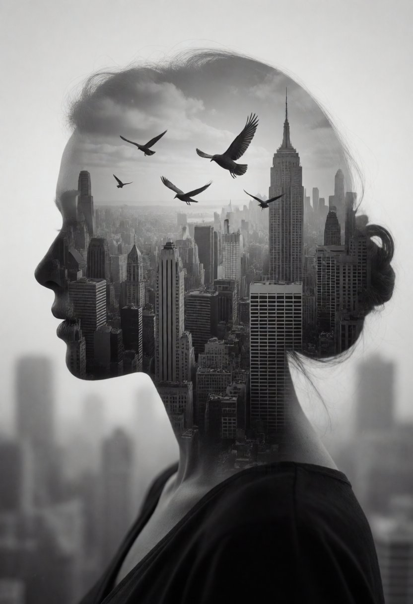 silhouette of a woman head,  within which there appears to be a cityscape with buildings. (birds FLY BETWEEN BUILDINGS,  I...