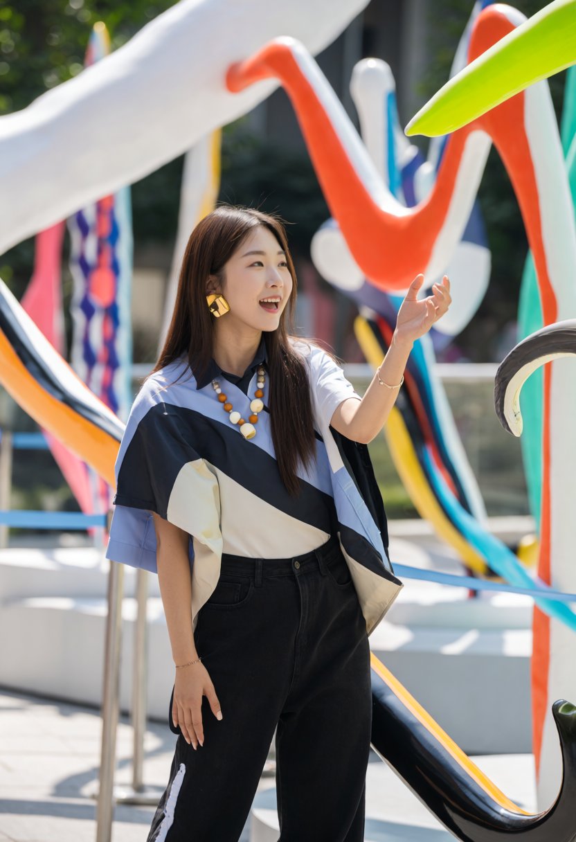Create a photo of a 23-year-old Korean woman standing in front of a modern art installation during the day. She is dressed...