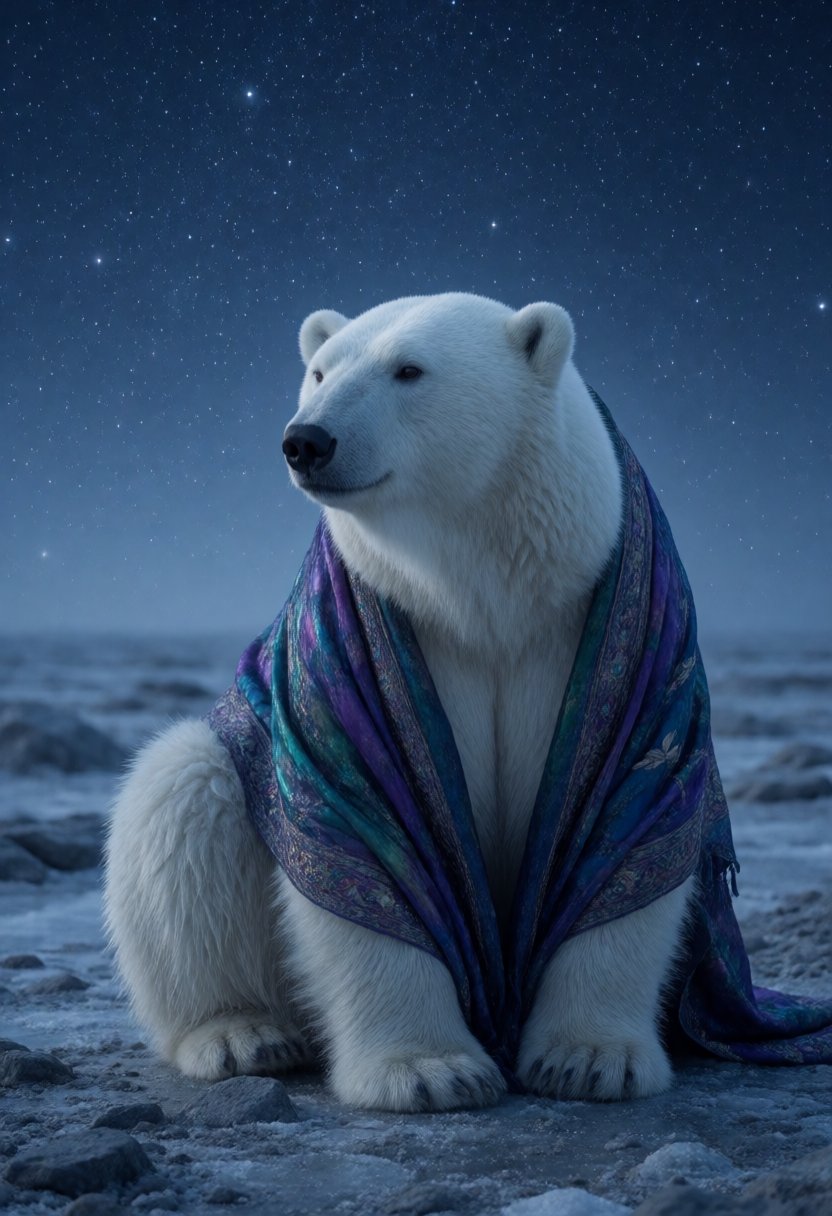 In this captivating realistic shot,  an anthropomorphic polar bear dressed in a richly textured,  jewel-toned shawl sits c...