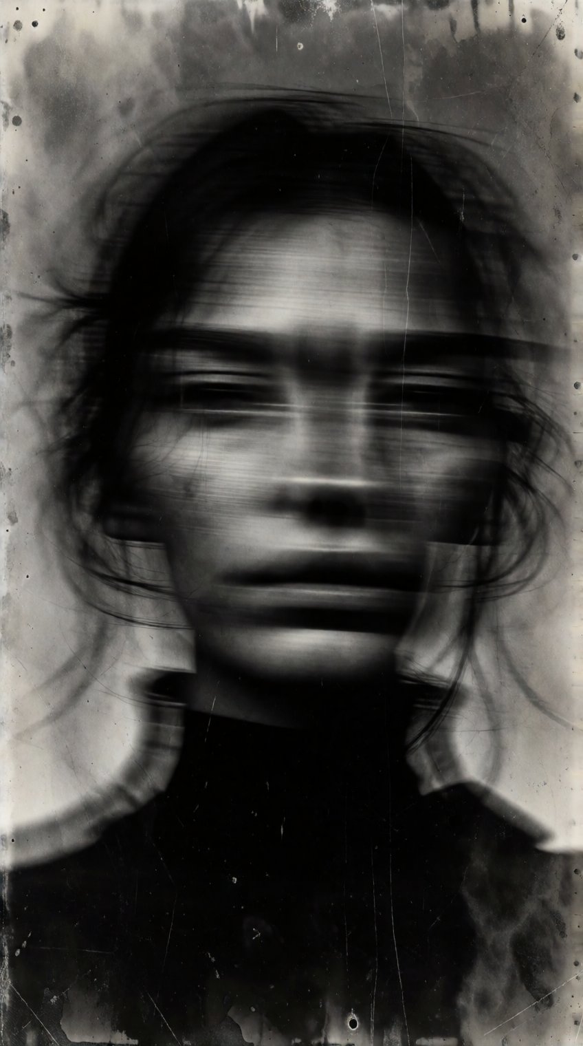 Haunting abstract black-and-white portrait of a blurred human face,  multiple horizontal motion-blur exposures merging int...