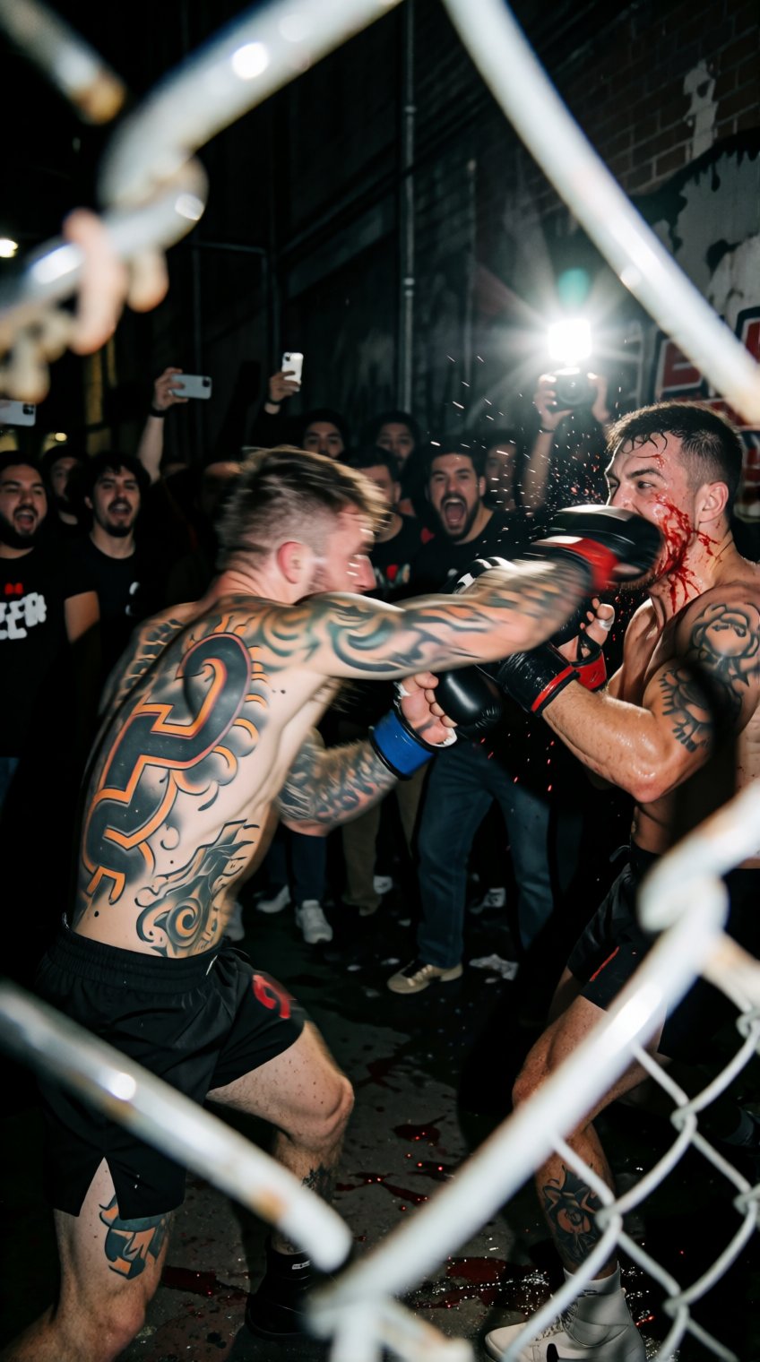 A raw smartphone photograph of a brutal live-action underground street fight. In the foreground,  a chainlink fence frame...