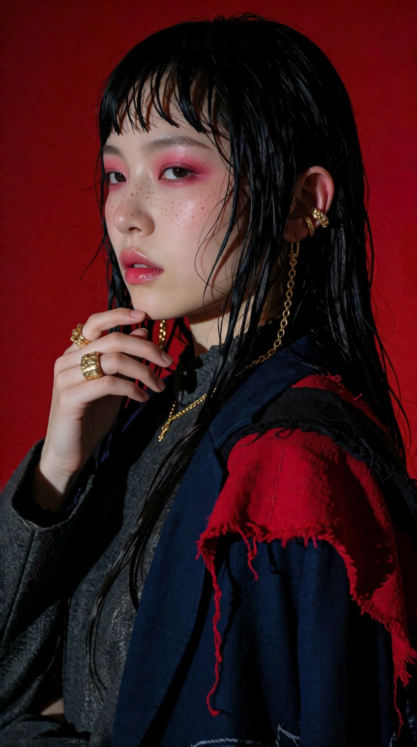 A young woman with long,  straight black hair and damp-looking bangs poses against a solid red background. Her pale face f...
